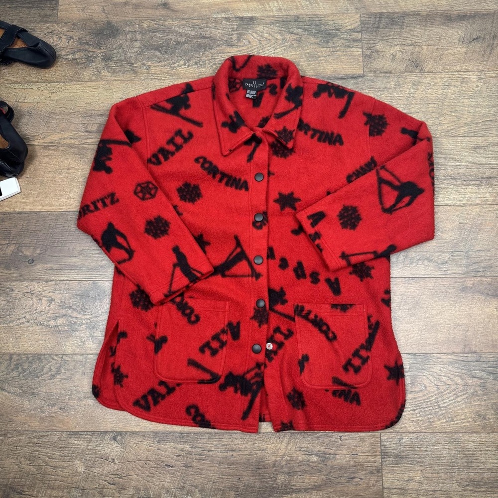 Vintage 90s‎ Ski Print Fleece Jacket Red Black Apres Ski Novelty Carole Little